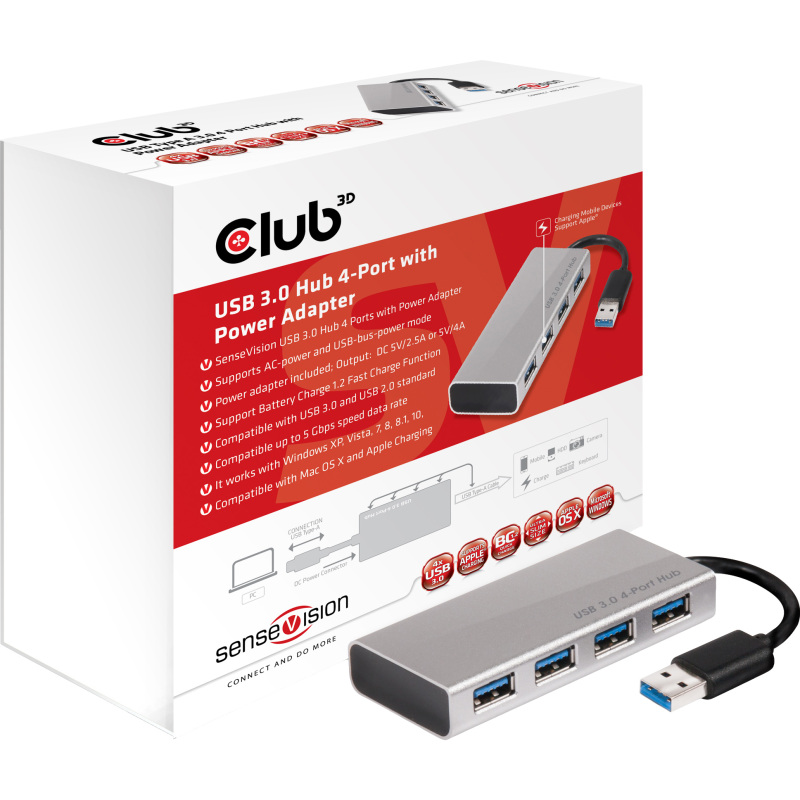 Club 3D USB 3.0 Hub 4-Port + Power Adapter USB-hub