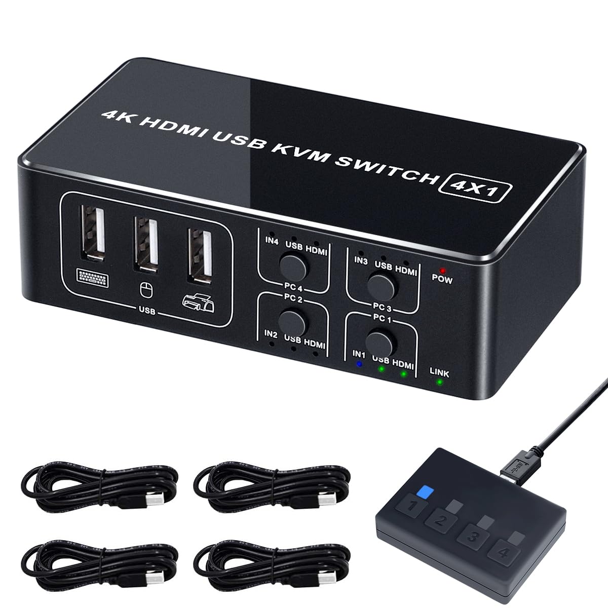 Tonttu House ELEVIEW KVM-switch 4K HDMI USB-switch 4 poorten 4 delen Eenvoudige verbinding Geen driver vereist Handmatige schakelaar USB-kabel meegeleverd (voor pc's) 4K@60Hz HDMI2.0