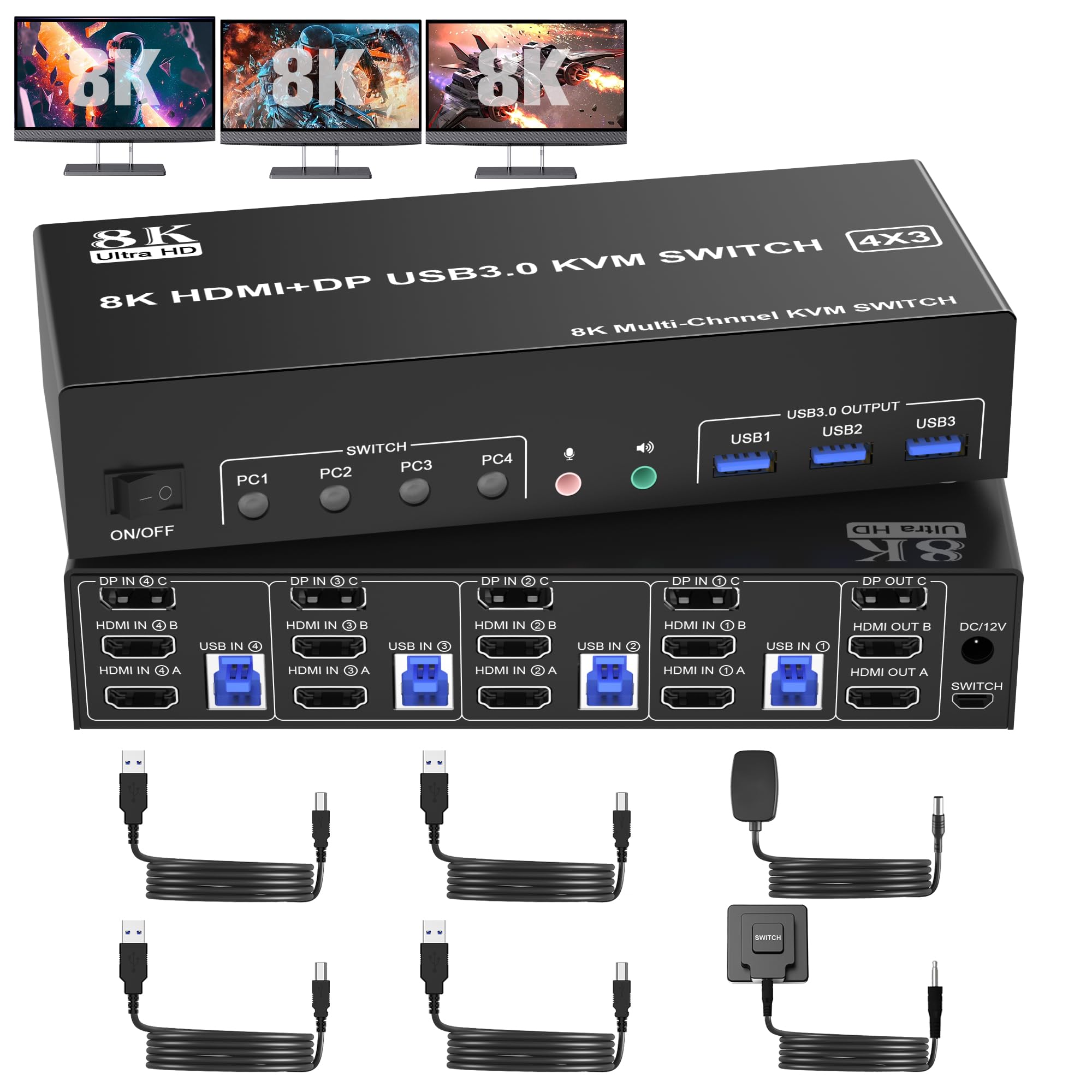 Tonttu House HDMI KVM switcher 3 monitors 4 USB triple monitor switcher Switcher for 4 computers sharing 3 monitors and 3 USB audio keyboard and mouse 8K@60Hz