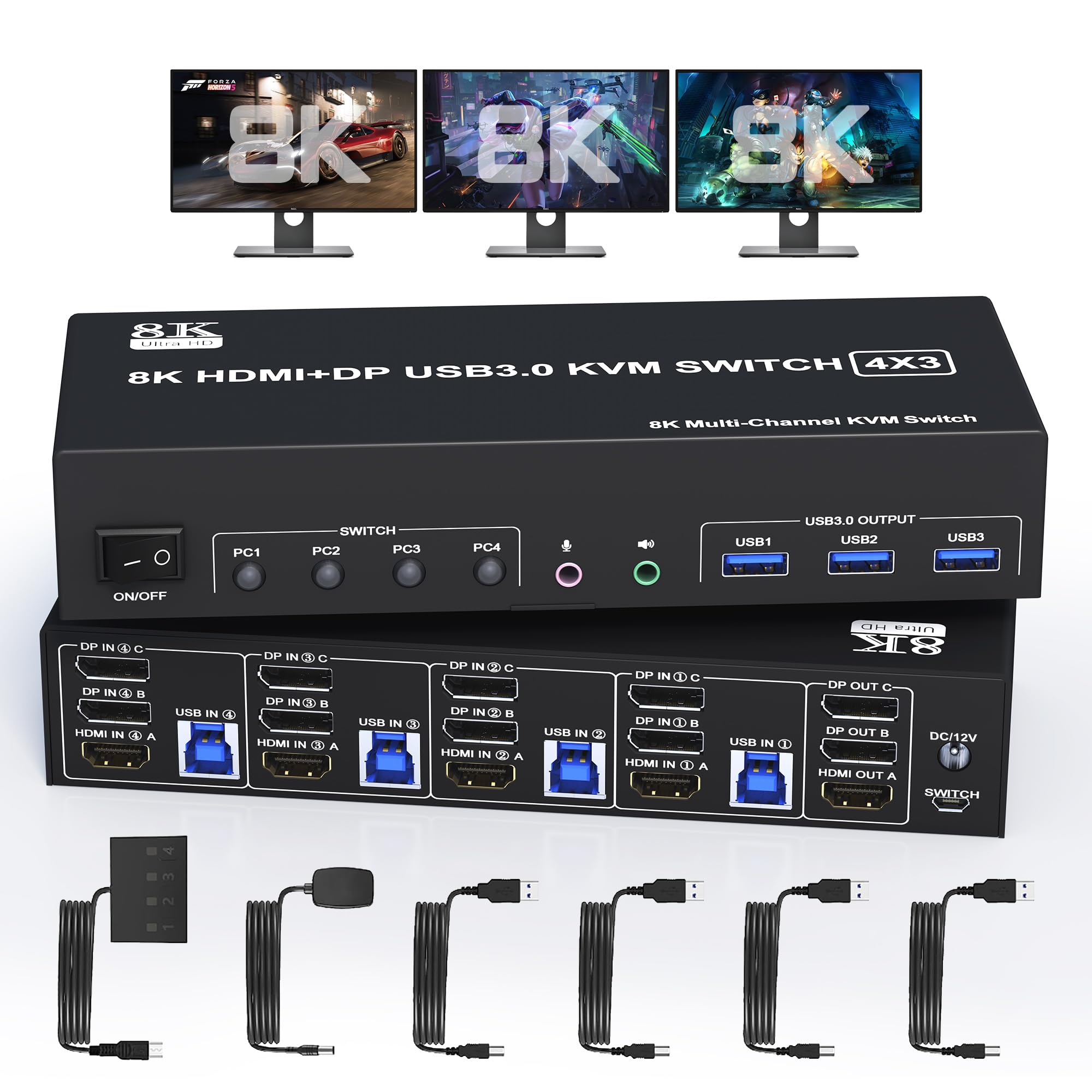Tonttu House 2 HDMI KVM switcher 3 monitors 4 USB triple monitor switcher Switcher for 4 computers sharing 3 monitors and 3 USB audio keyboard and mouse 8K@60Hz