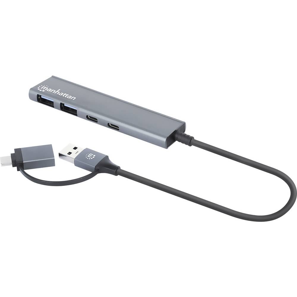 Manhattan 181075 USB 3.0-hub Met aluminium behuizing, Met USB-C stekker Space grijs