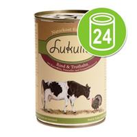 Lukullus Voordeelpakket  24 x  400 g - Combinatie II: Rund & Kalkoen, Kalkoenhartjes & Gans, Konijn & Kalkoen, Gevogelte & Lam