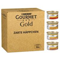 Gourmet 96 x 85 g Jumbopack:  Gold Zarte Häppchen in Soße: Rind, Huhn & Leber, Lachs & Huhn, Truthahn & Ente Nassfutter Katze