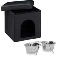 relaxdays 2 teiliges Set Home Sweet Hund L, Hundebox als Sitzhocker mit Tierhöhle, Hundebett schwarz, Doppelnapf Futterstation - 