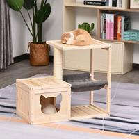 PawHut kattenhuis kattenbox kattenboom met hangmat sisal paal vurenhout naturel | Aosom Netherlands