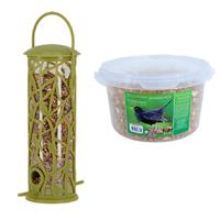 Esschert Design Vogel voedersilo met zitstokjes groen kunststof 27 cm inclusief 4-seizoenen mueslimix vogelvoer -