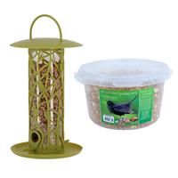 Esschert Design Vogel voedersilo met zitstokjes en tray groen kunststof 27 cm inclusief 4-seizoenen mueslimix vogelv -