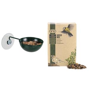 Esschert Design Raamvoederbakje voor vogelvoer 12 cm donker groen inclusief vogelvoer - Vogel voederstation - Vogelvoederhuisje
