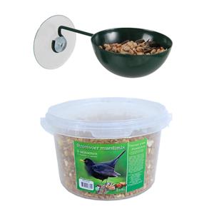 Esschert Design Raamvoederbakje voor vogelvoer 12 cm donker groen inclusief 4-seizoenen mueslimix vogelvoer - Vogel voederstation - Vogelvoederhuisje