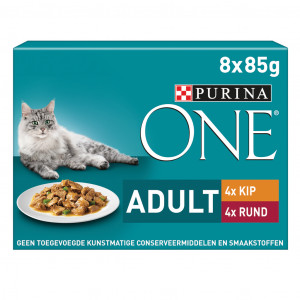 Gourmet Purina One Adult Stücke in Sauce mit Huhn, Rind Katzen-Nassfutter (8x85 g) 8 x 85 gr