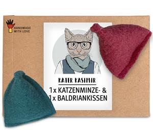Kater Kasimir Premium Katzen Spielkissen mit Baldrian und Katzenminze, 2er Set. Reiner Wollfilz vom Schaf, von Hand genäht