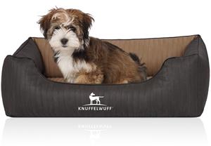 Knuffelwuff Orthopädisches Hundebett Outback aus laser-gestepptem Kunstleder creme/ schwarz M-L