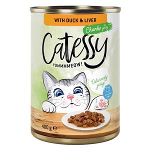 24x400g Hapjes in Saus of Gelei met Eend en Lever in Saus Catessy Kattenvoer