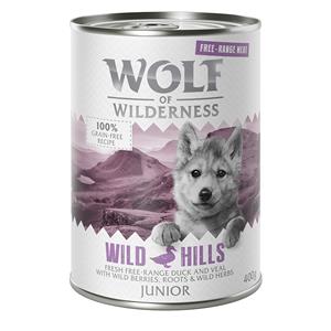 12x400g Junior Wild Hills Scharreleend & Scharrelkalf Wolf of Wilderness Hondenvoer nat