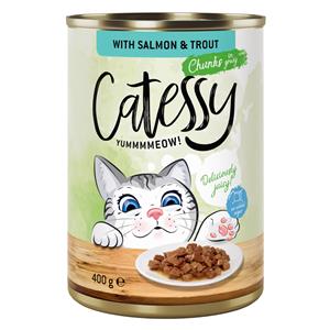 48x400g Hapjes in Saus of Gelei met Zalm en Forel in Saus Catessy Kattenvoer