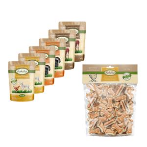 Lukullus 12 x 300 g Maaltijdzakjes + 750 g Kauwbotten voor een probeerprijs! - Mix Regionaal (12 x 300 g) + Kauwbotten Kip 5 cm