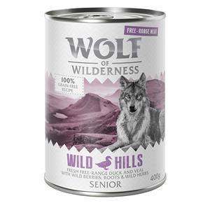 12x400g Senior Wild Hills Scharreleend & Scharrelkalf Wolf of Wilderness Hondenvoer nat