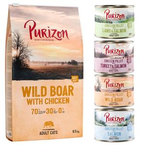 Purizon 2 x 6,5 kg  droogvoer + 6 x 200 g  natvoer mix gratis - Adult Wild Zwijn & Kip
