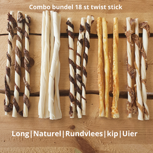 Aware Pet Products Twist Sticks Combo-bundel 18 stuks 25,5 cm | 5 smaken: Kip | Long | Uier | Rundvlees | Naturel