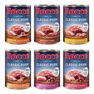 Rocco Classic Pork 6 x 400g Mix: Rundvlees/lamsvlees, kip/kalkoen, kip/kalfsvlees, rundvlees/pluimveeharten, kip/zalm, rundvlees/kip