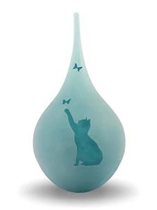 Urnwebshop Medium Traan Urn Kat met Vlinders Frosted Turquoise (0.28 liter)