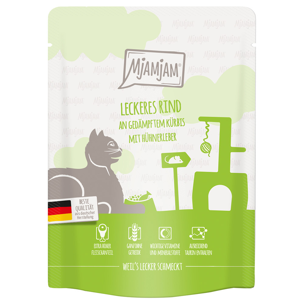 6x 300g MjAMjAM Squeeze Heerlijk Rundvlees op Gestoomde Pompoen Kattenvoer Nat
