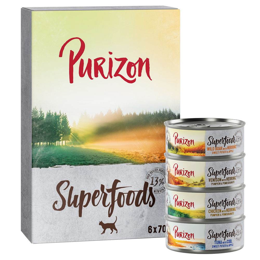 Purizon Superfoods 6 x 70 g - Mixpakket (2x kip, 2x tonijn, 1x wild zwijn, 1x wild)