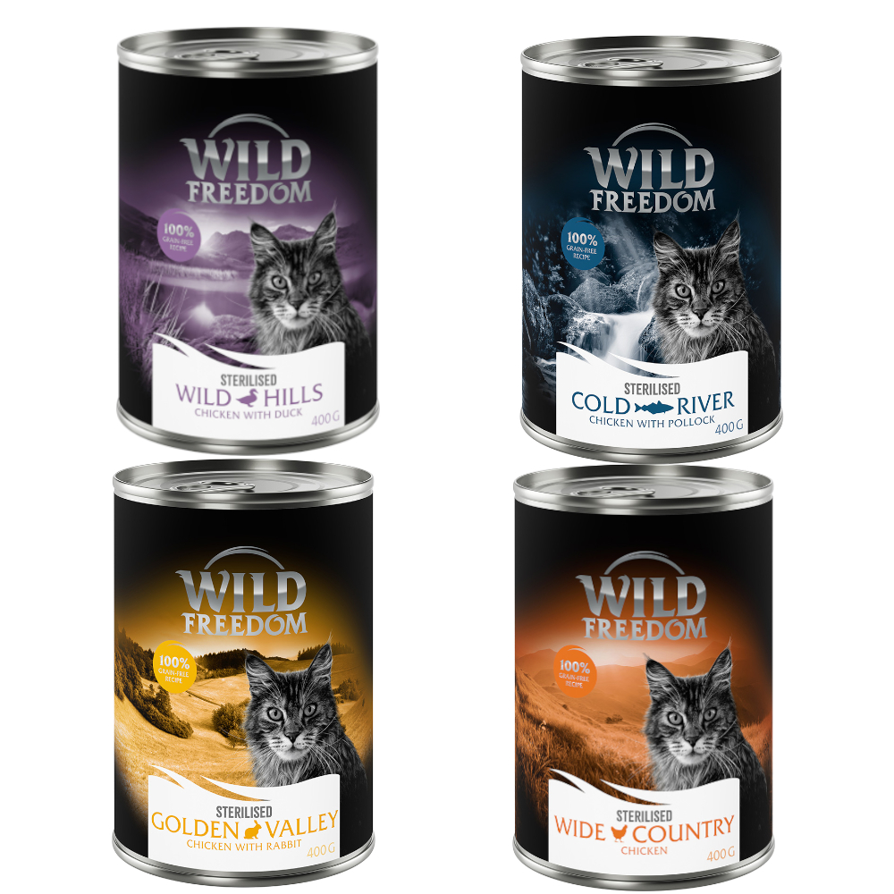 Wild Freedom Adult Sterilised 6 x  400 g - Graanvrij - Voordeelpakket (2 x Kip piur, 2 x Koolvis, 1 x konijn, 1 x eend)