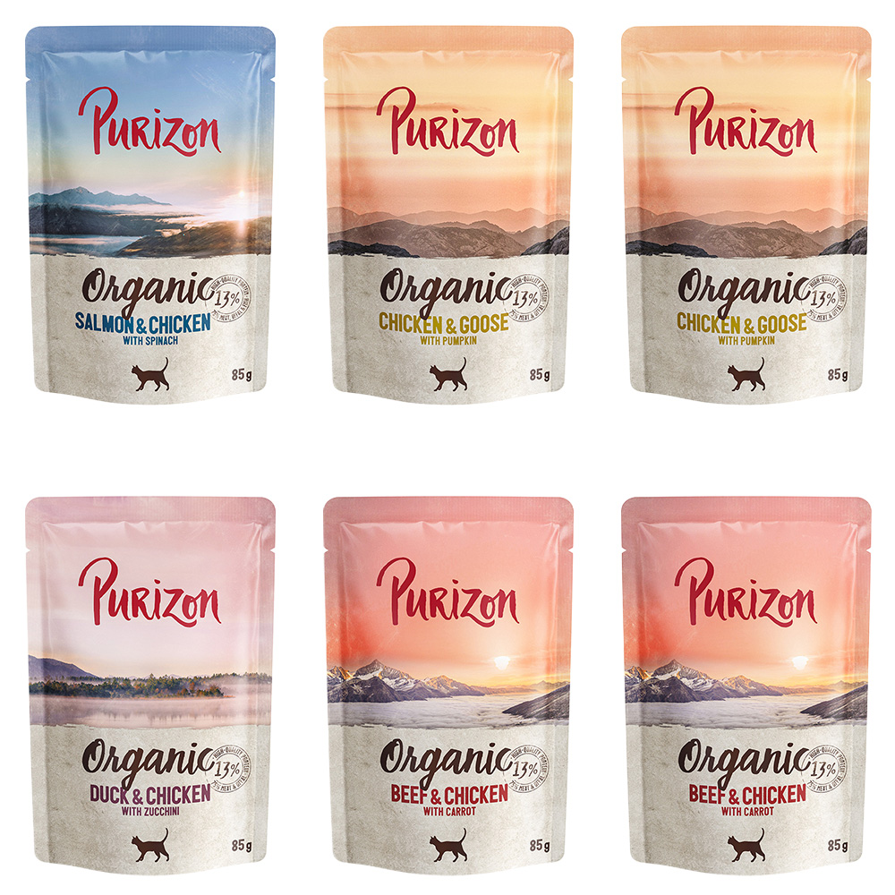 Purizon Organic 6 x 85 g - Mixpakket: (2x Kip, 2x Rund, 1x Zalm, 1x Eend)
