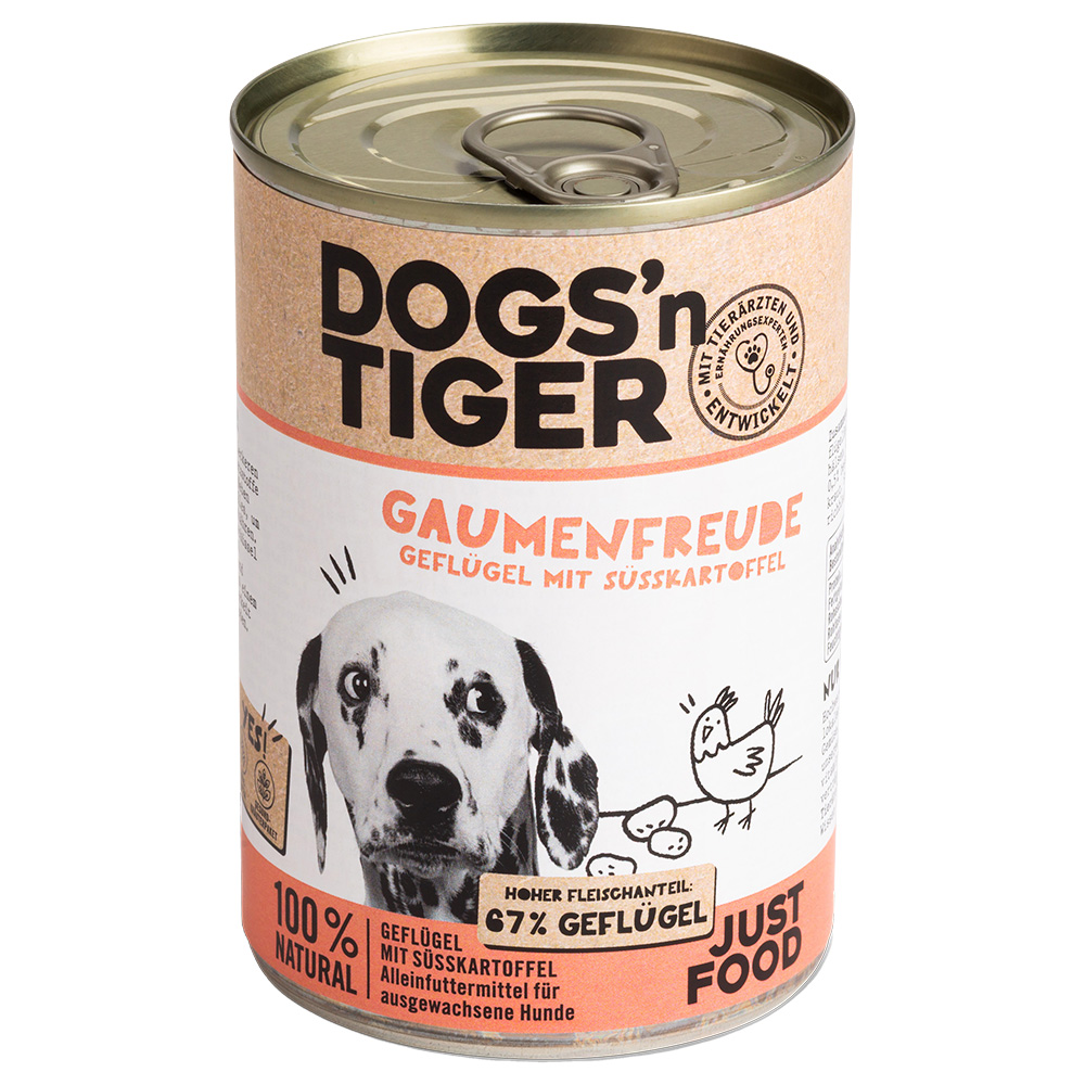 Dogs'n Tiger Voordeelpakket: 12x400g  Adult Gevogelte & Zoete aardappel hondenvoer nat