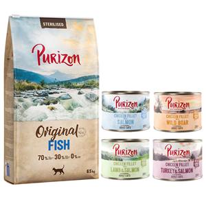 Purizon 6,5 kg  droogvoer + 6 x 200 g  natvoer mix gratis - Sterilised Adult Vis - Graanvrij