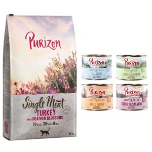 Purizon 6,5 kg  droogvoer + 6 x 200 g  natvoer mix gratis - Single Meat Kalkoen met Heidebloesem