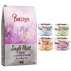 Purizon 6,5 kg  droogvoer + 6 x 200 g  natvoer mix gratis - Single Meat Eend met Lavendelbloesem