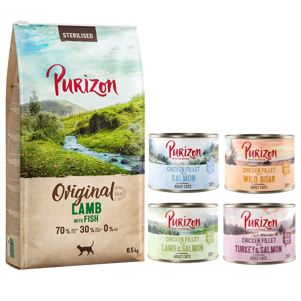 Purizon 6,5 kg  droogvoer + 6 x 200 g  natvoer mix gratis - Sterilised Adult Lam met Vis