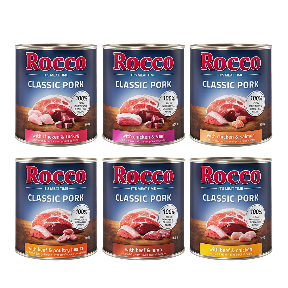 Rocco Voordeelpakket:  Classic Pork 24 x 800g Hondenvoer Mix: Rundvlees/lamsvlees, kip/kalkoen, kip/kalfsvlees, rundvlees/pluimveeharten, kip/zalm, rundvlees/kip