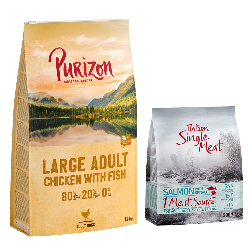 Purizon 12 kg + 1,8 kg gratis! - Graanvrij Hondenvoer - Large Adult Kip & Vis (12 kg) + Single Meat Adult Zalm (6 x 300 g)