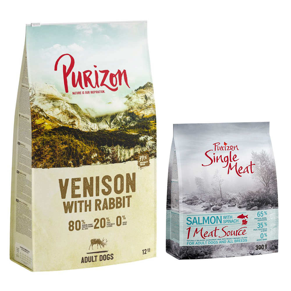 Purizon 12 kg + 1,8 kg gratis! - Graanvrij Hondenvoer - Wild met Konijn Adult (12 kg) + Single Meat Adult Zalm (6 x 300 g)