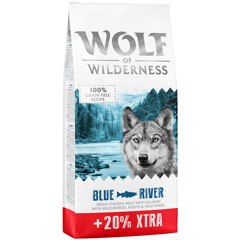 Wolf of Wilderness 12 + 2,4 kg gratis! 14,4kg Blue River Zalm  Hondenvoer