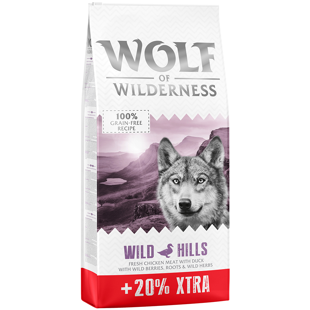 Wolf of Wilderness 12 + 2,4 kg gratis! 14,4 kg  - Graanvrij - Wild Hills - Eend