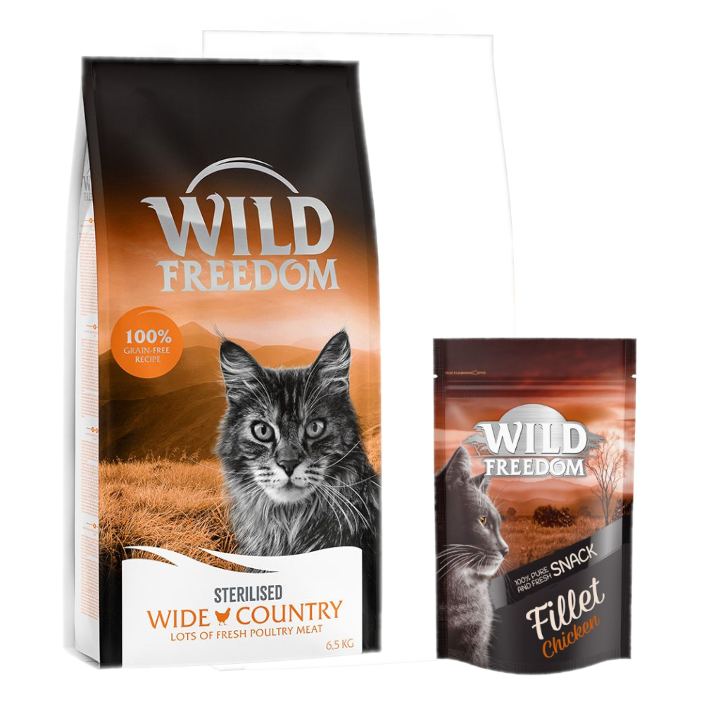 6,5 kg Wild Freedom Katten Droogvoer Adult Sterilised Wide Country met Gevogelte 6,5 kg + Filet Snack Kip 100 g