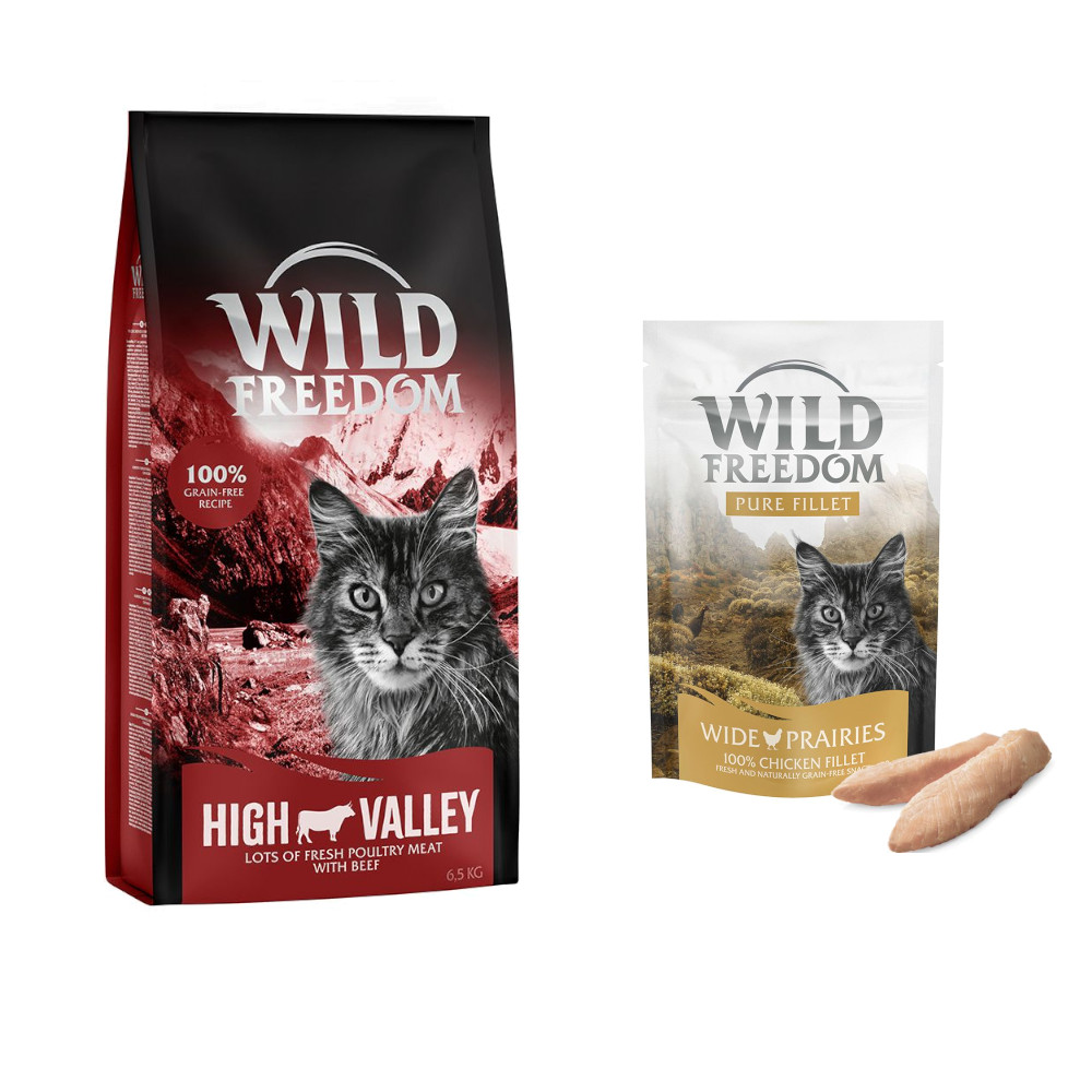 6,5 kg Wild Freedom Katten Droogvoer Adult High Valley met Rund 6,5 kg + Filet Snack Kip 100 g