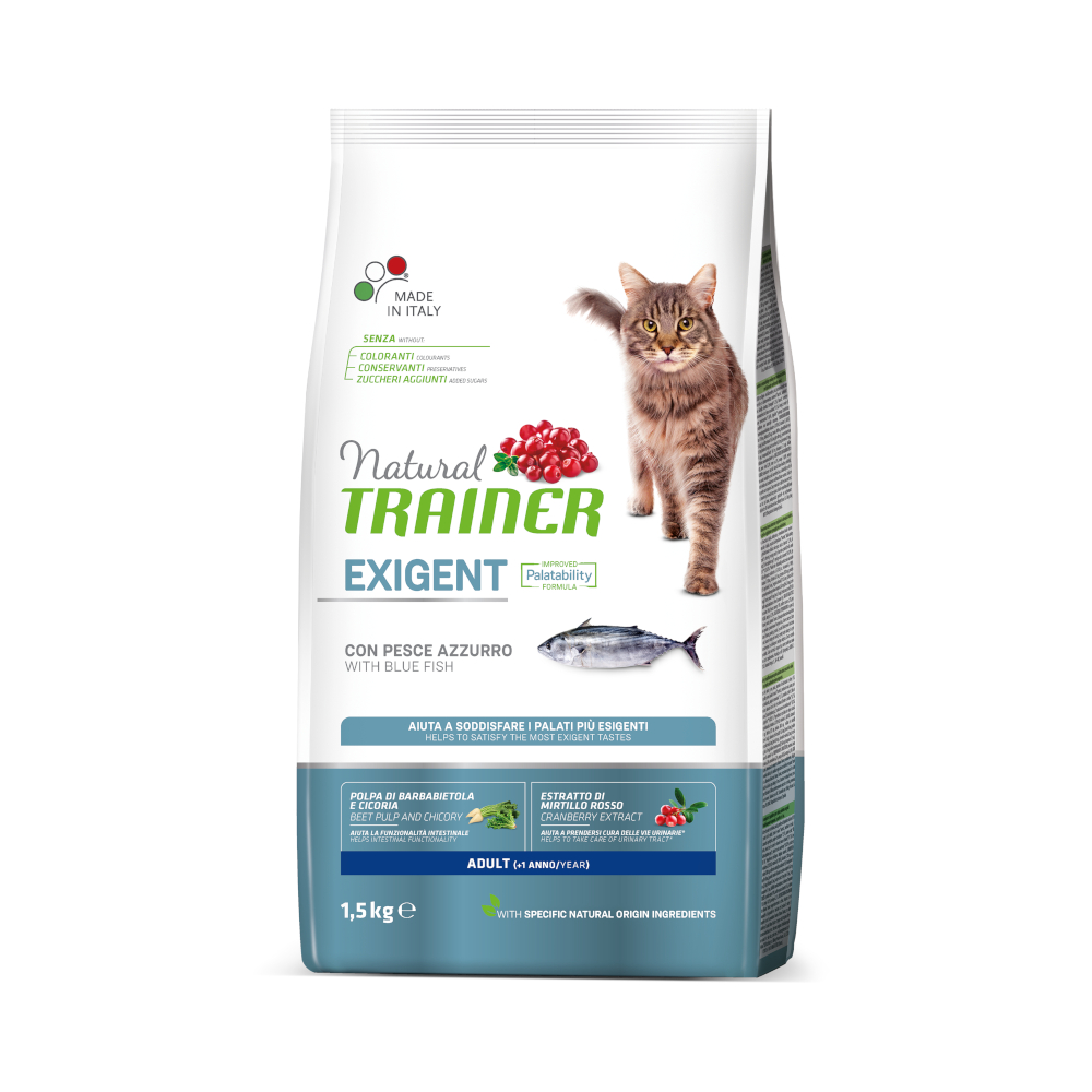 Trainer Natural Cat 1,5kg met Blue Fish Exigent Adult Natural Trainer droogvoer voor katten