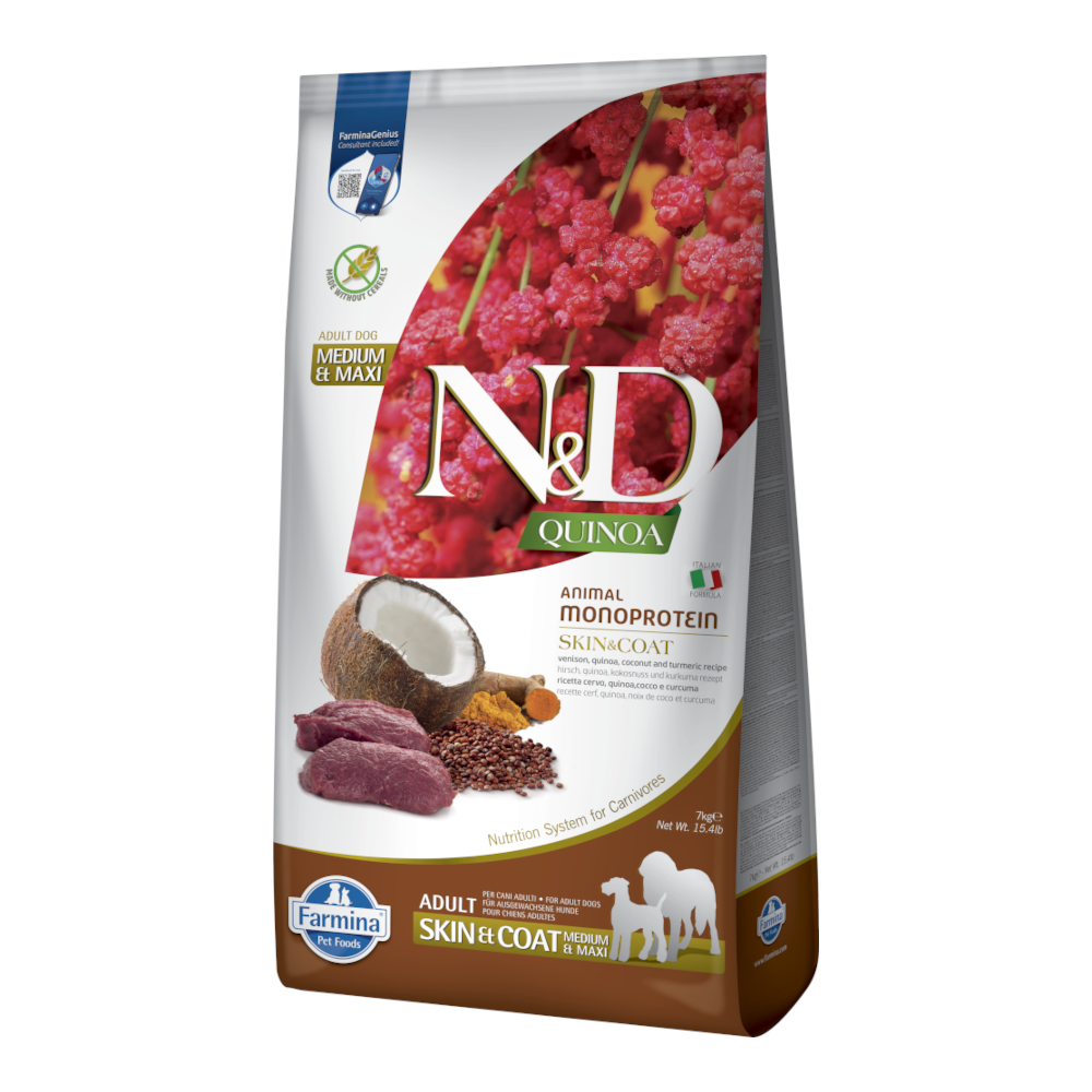 Farmina - n&d Quinoa Dog Skin&Coat Venison&Coconut Adult Medium&Maxi – Trockenfutter für Hunde – 7 kg