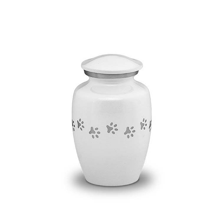 Urnwebshop Kleine Dieren Urn Wit, Zilver Pootafdrukjes (0.45 liter)