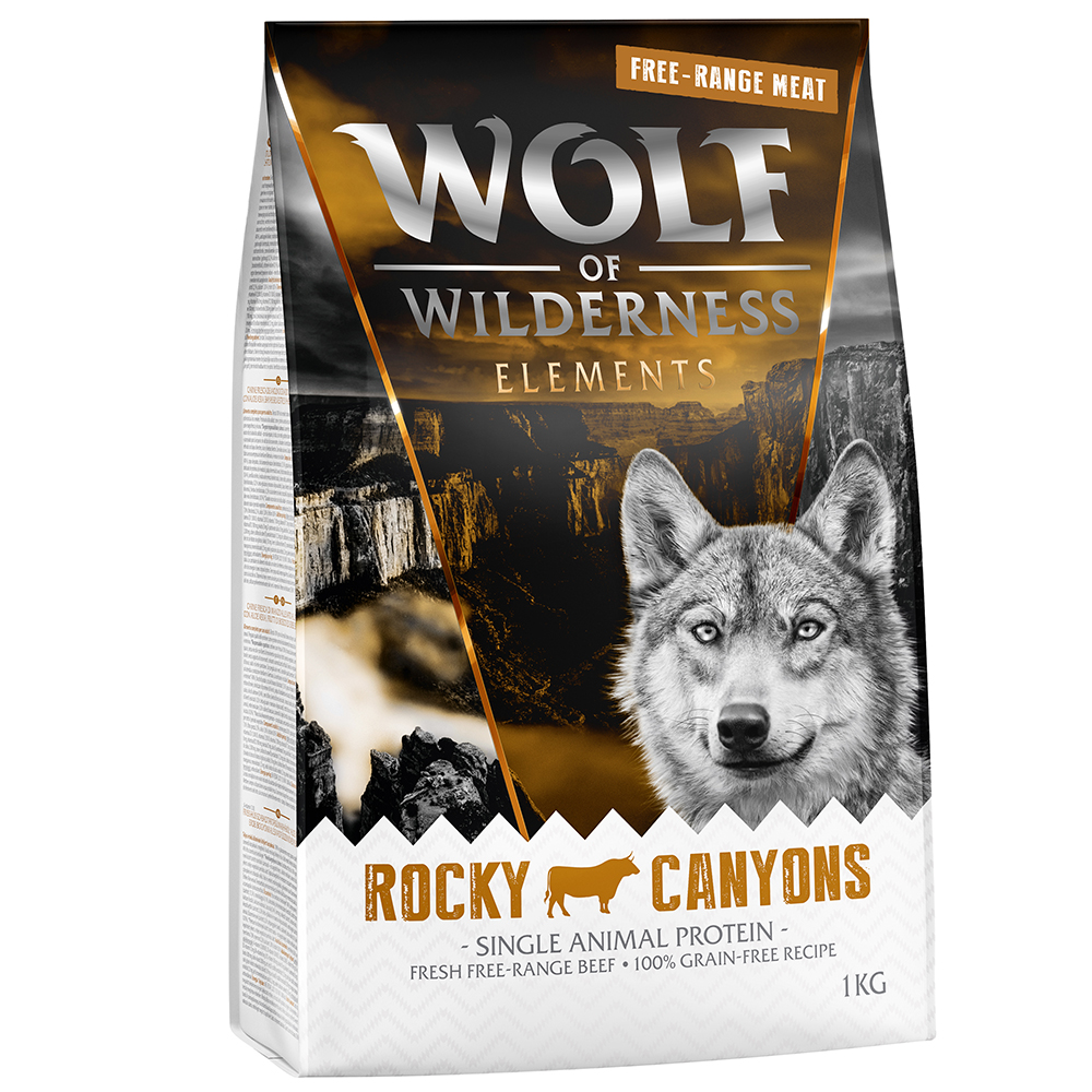Wolf of Wilderness Speciale prijs: 2 x 1 kg  Graanvrij Droogvoer voor Honden - Rocky Canyons - Scharrelrund