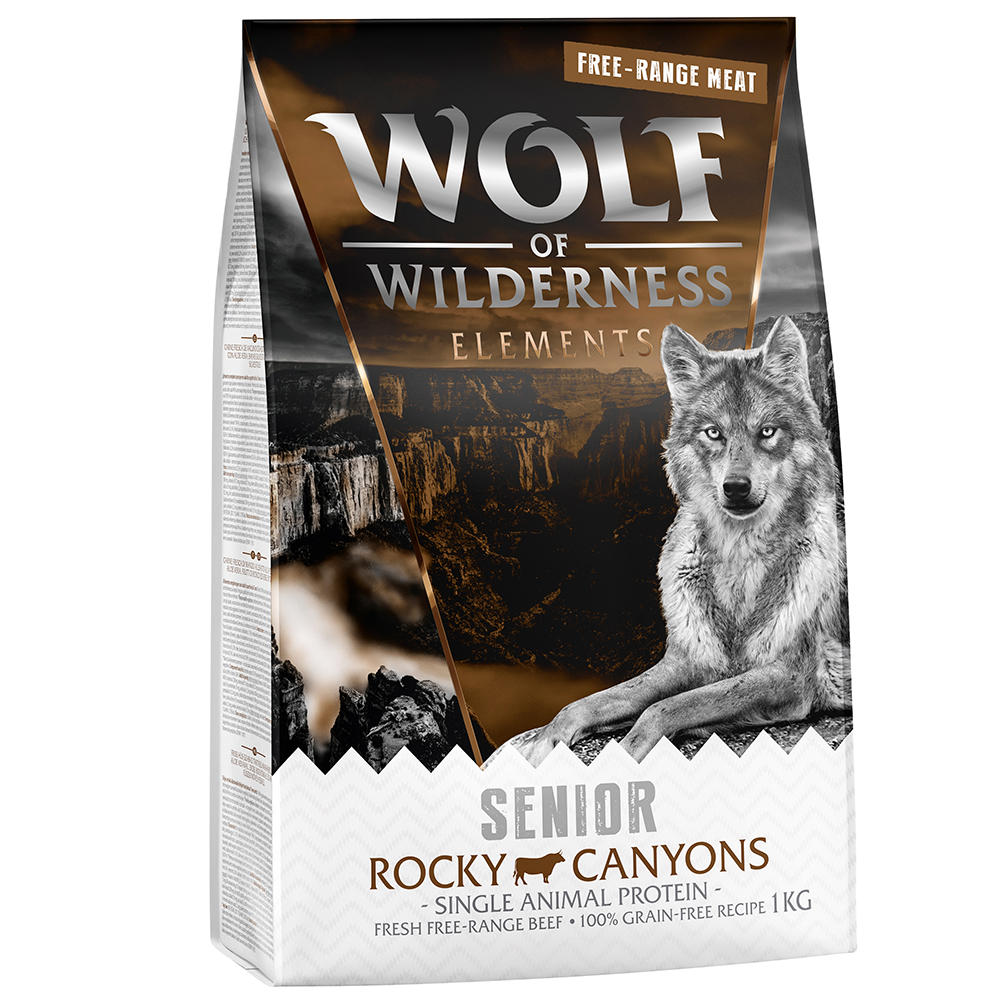 Wolf of Wilderness Speciale prijs: 2 x 1 kg  Graanvrij Droogvoer voor Honden - Senior Rocky Canyons - Scharrelrund