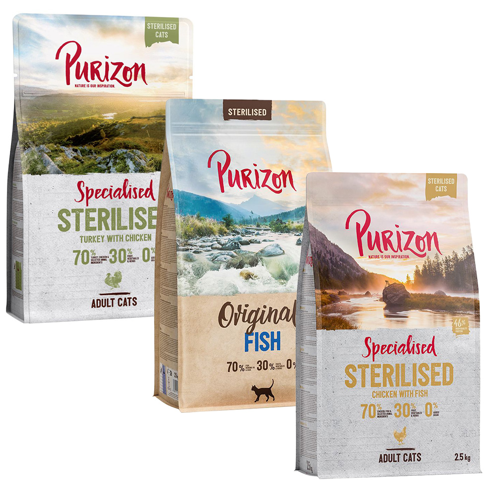 Purizon Gemengd Voordeelpakket  3 x 2,5 kg voor een probeer prijs! - Sterilised Mix: Kip & Vis, Kalkoen & Kip, Vis