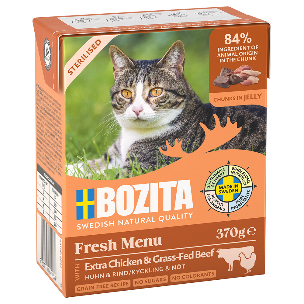 Bozita 24x370  Tetra Hapjes in Gelei Sterilised met Kip & Rund Kattenvoer