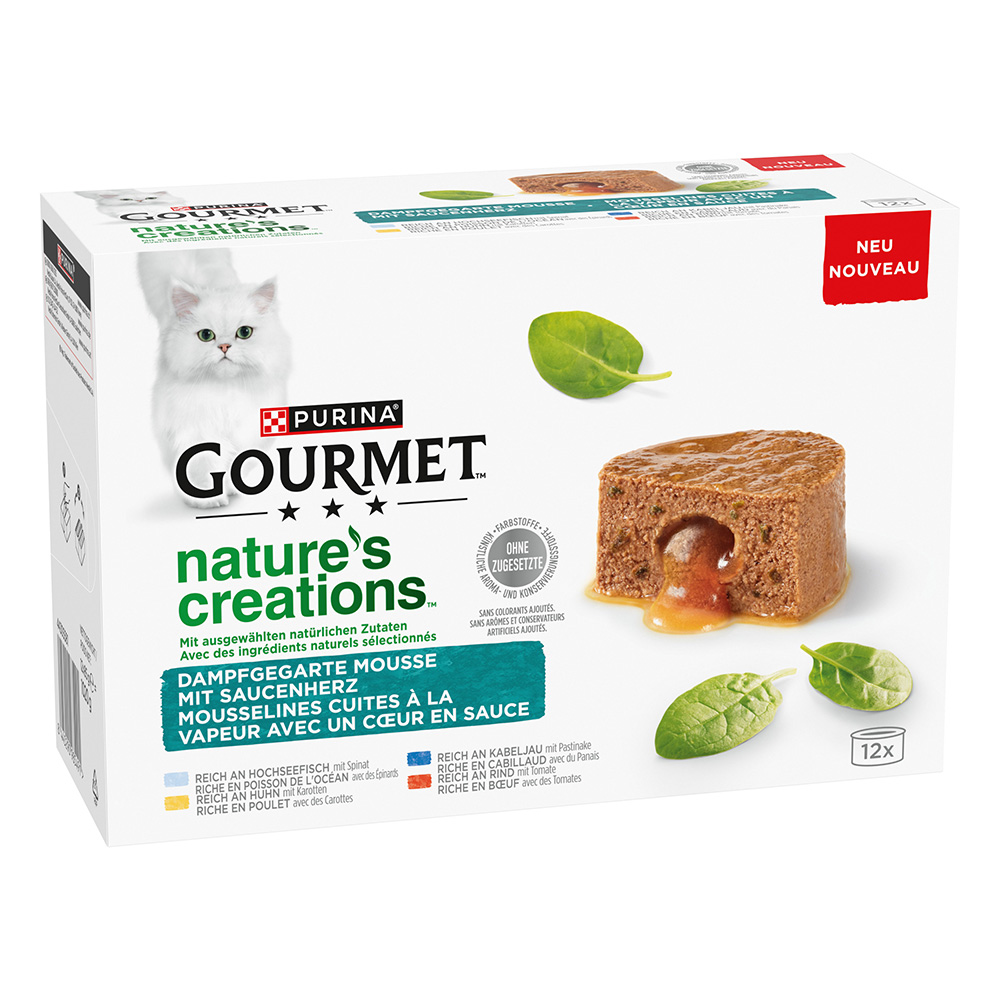 Gourmet 12x 85g  Nature's Creations Gravy Heart met Zeevis, Kip, Kabeljauw en Rund nat kattenvoer