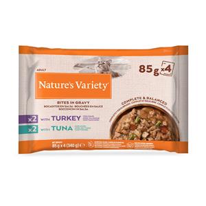 Nature’s Variety 16 + 8 / 32 + 12 / 64 + 24 gratis! 44 / 88 x 85 g Nature's Variety Bites in Saus  - met kalkoen en tonijn (88 x 85 g)